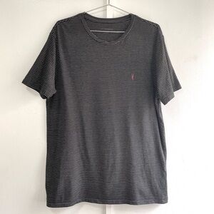 All Saints Black and White Striped Tee with Red Ramskull Logo
